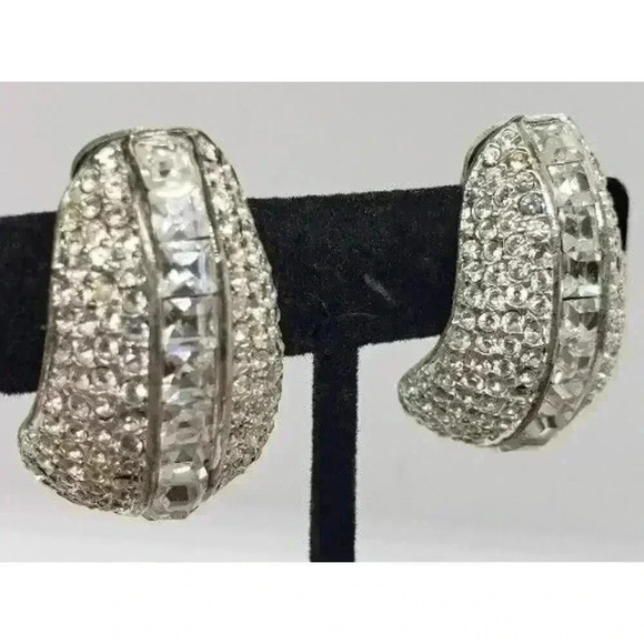 Vintage Earrings Art Deco Chunky Rhinestone Clip Statement Barbie Wedding 70s - Picture 4 of 10